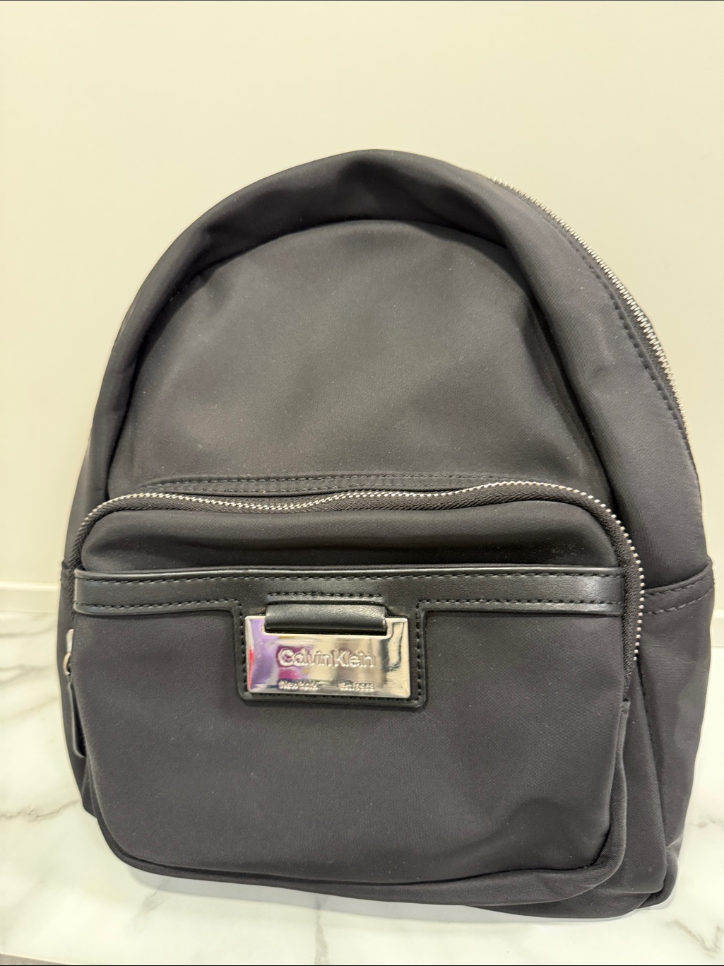 Calvin Klein Small Black Nylon Backpack Purse With Silver-Tone Hardware